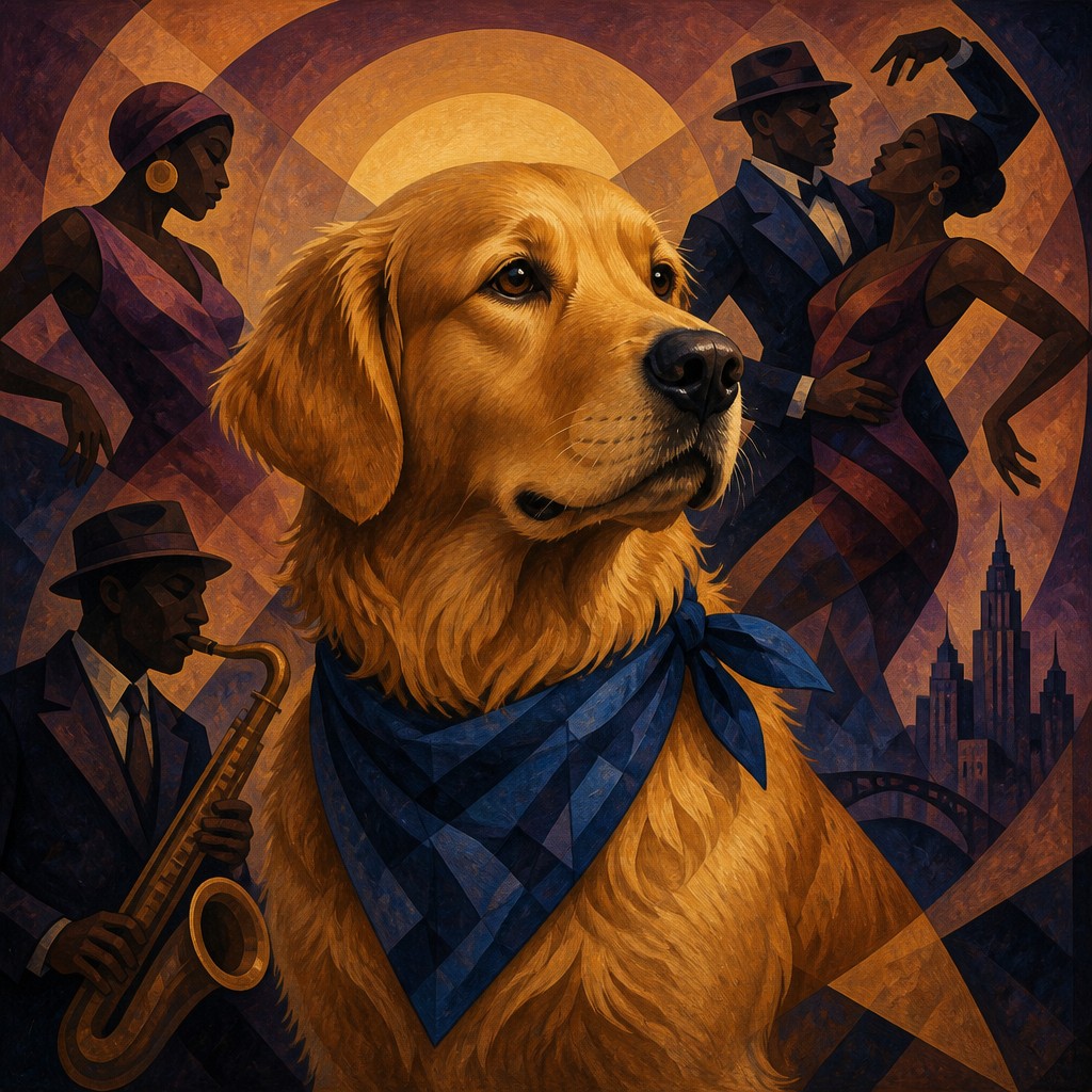 portrait of a golden retriever wearing a blue bandana, warm plain backdrop, no text