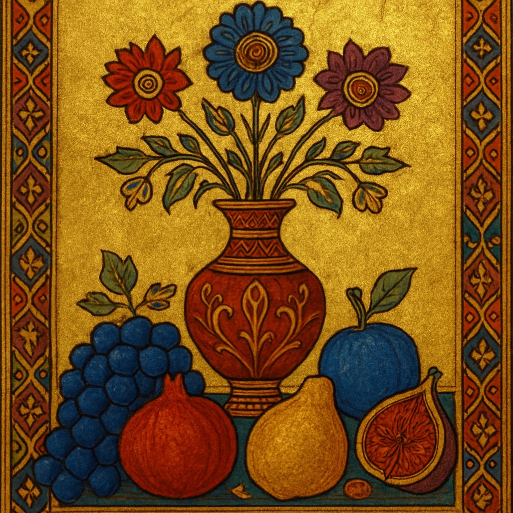 still life arrangement of fruits and flowers