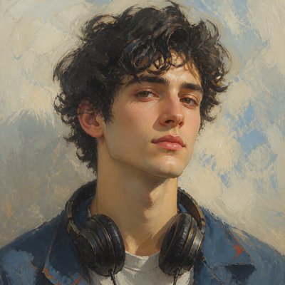 head-and-shoulders portrait of an original character: a young man with curly dark hair and headphones around his neck, plain backdrop, no text