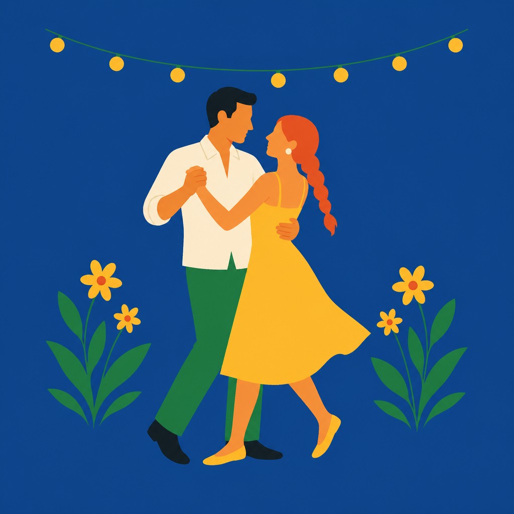 an original couple dancing under string lights in a garden at dusk: a man with short black hair in a linen shirt and a woman with braided red hair in a summer dress