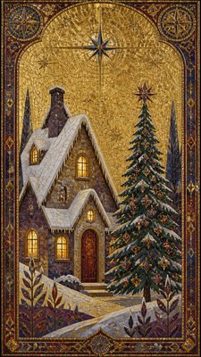 a snow-covered cottage with warm glowing windows beside a decorated pine tree, gentle snowfall, no text