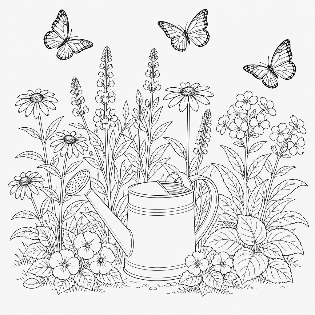 a garden scene with butterflies, flowers and a watering can, clean uncolored line art, no text