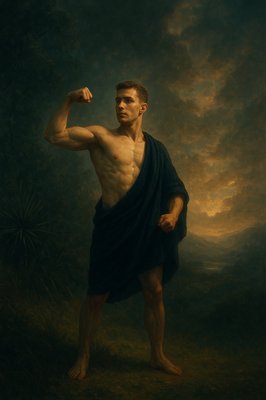 a painting of a man with a towel around his neck