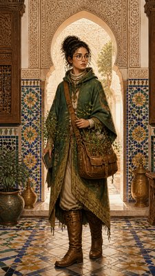 full-body original character: a wandering botanist with a satchel of plants, a patched green cloak, tall boots and round glasses, neutral background