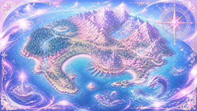 a map of an island realm with mountains, forests, a sheltered bay, sea monsters in the water and a compass rose, no text labels
