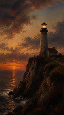a lone lighthouse on a cliff at dusk under a dramatic sky, no text or lettering