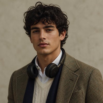 head-and-shoulders portrait of an original character: a young man with curly dark hair and headphones around his neck, plain backdrop, no text