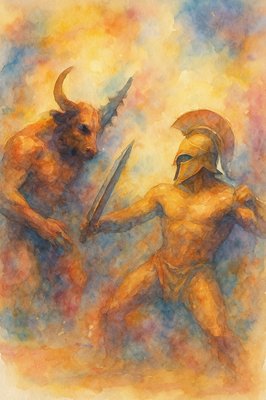 a painting of two men fighting with each other
