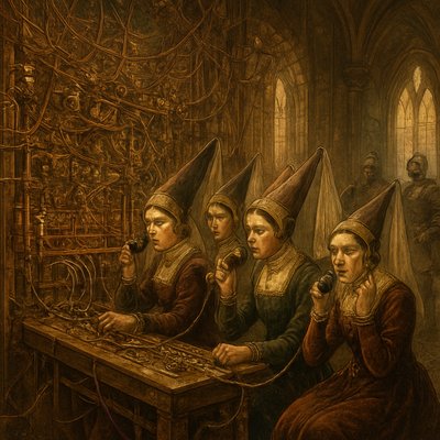 Steampunk Historical Fantasy, Satirical Illustration Style, Cinematic Lighting. A bizarre, anachronistic scene inside a drafty medieval castle great hall (Camelot). A group of noblewomen, dressed in elaborate 6th-century velvet gowns, wimples, and tall pointed hennin hats with veils, are seated on rough wooden stools. They are furiously working a massive, makeshift telephone switchboard operator station.

The Technology: The switchboard is constructed from rough-hewn oak timbers, gleaming brass gears, porcelain insulators, and hundreds of thick, chaotic copper wires that are strung haphazardly across ancient tapestries and stone walls, disappearing out narrow arrow-slit windows.

The Action: The ladies hold bulky, antique Victorian-era earpieces and large brass mouthpieces, plugging heavy cables with oversized jacks into the board with expressions of intense concentration and mild confusion. Knights in armor walk past in the background, looking bewildered. Sunlight streams through gothic windows, illuminating the dust and the clash of eras.