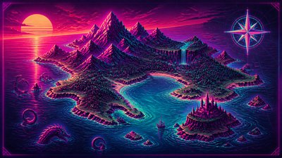 a map of an island realm with mountains, forests, a sheltered bay, sea monsters in the water and a compass rose, no text labels
