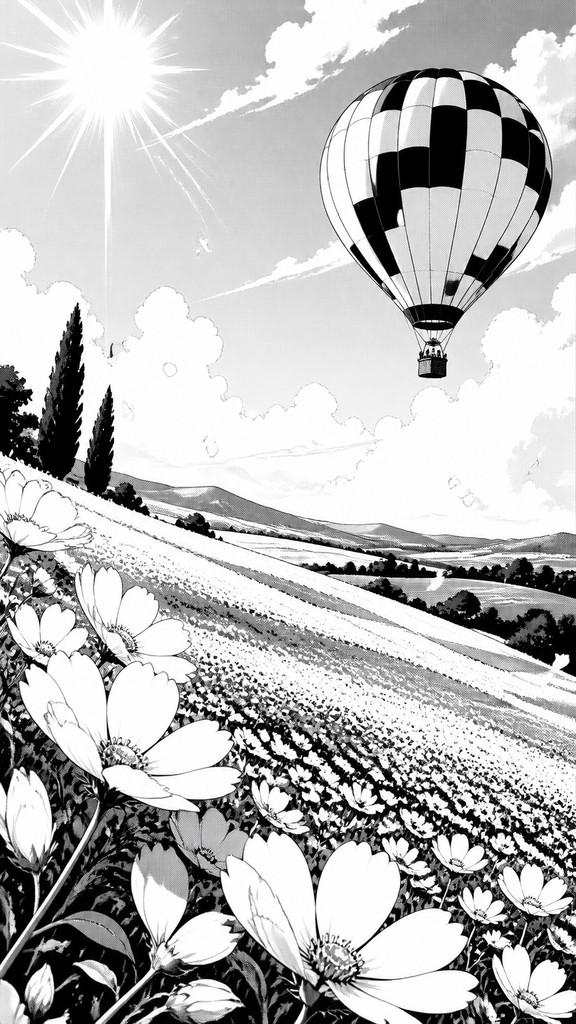 a hot air balloon drifting over rolling flower fields on a sunny day, cheerful, no text