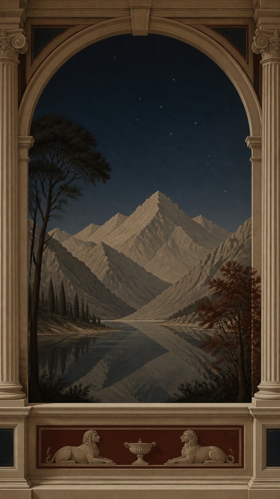 a tranquil mountain lake beneath a starry night sky, no people, no text