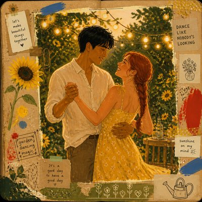 an original couple dancing under string lights in a garden at dusk: a man with short black hair in a linen shirt and a woman with braided red hair in a summer dress