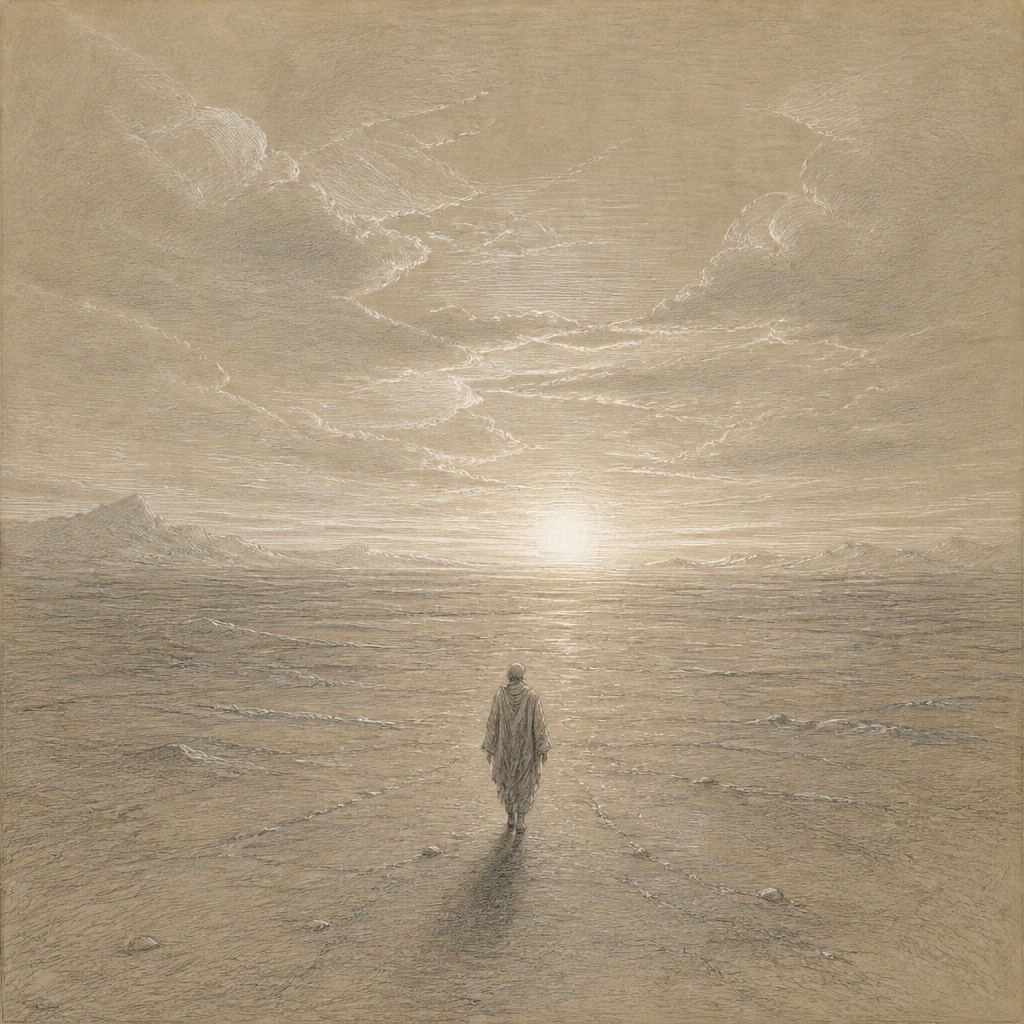 a solitary figure walking toward a glowing horizon across an empty plain, moody atmosphere, no text or lettering
