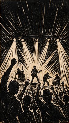 a live music scene with a glowing stage and silhouetted crowd, energetic vertical composition with open space at the top, no text