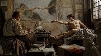 Michelangelo draws a model posing for the creation of Adam