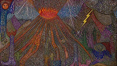 an erupting volcano with lightning strikes, dramatic wide composition, no text