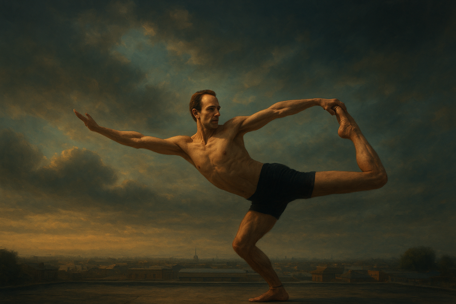 a man doing a yoga pose in front of a cloudy sky