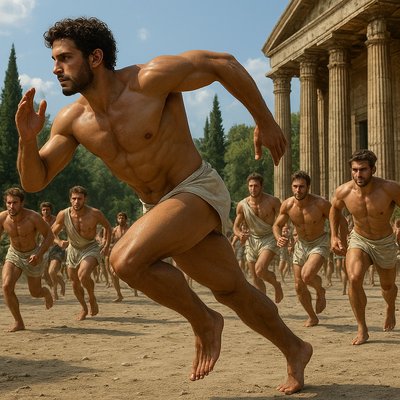 a group of men in underwear running in front of a building