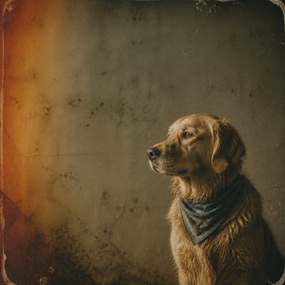 portrait of a golden retriever wearing a blue bandana, warm plain backdrop, no text