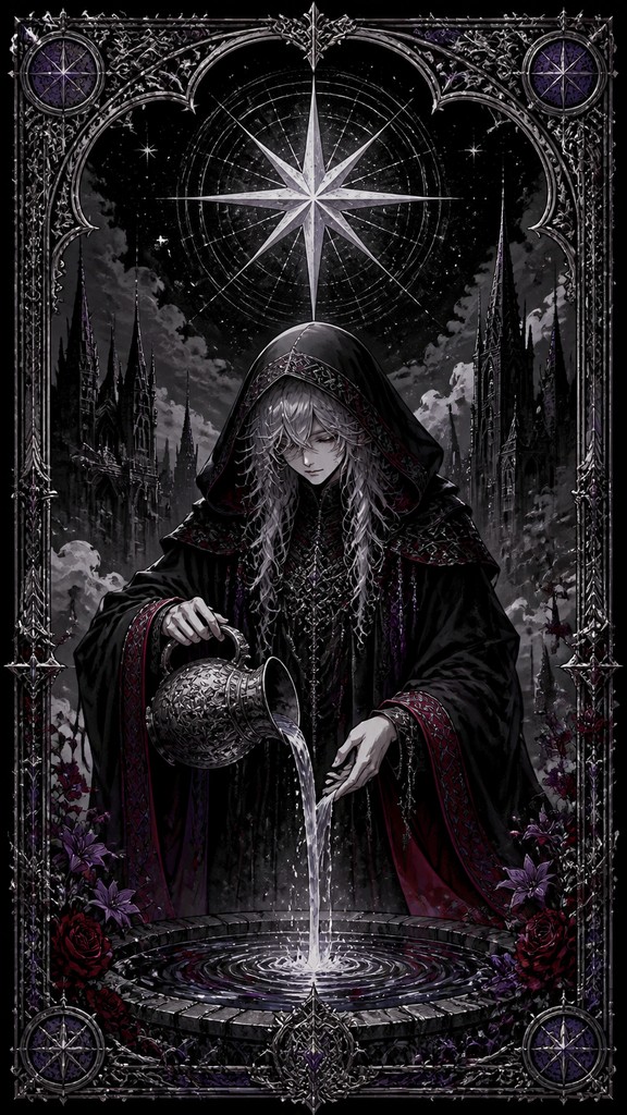 a robed figure pouring water beneath a large eight-pointed star in a night sky, symmetrical composition with an ornate decorative border, no text