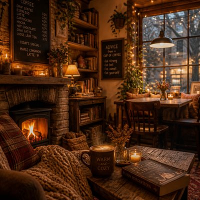 cozy cafe interior with warm lighting