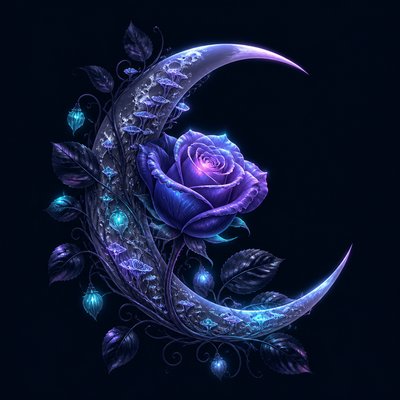 a rose entwined with a crescent moon, clean balanced composition on a plain background, no text