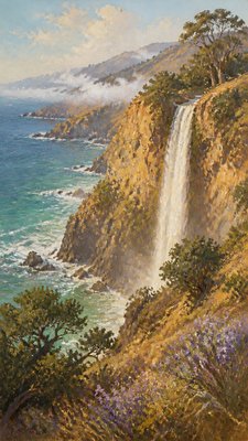 towering waterfall cascading down a cliff