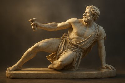 a statue of a man holding a cup