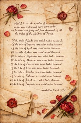 “And I heard the number of them which were sealed: and there were sealed an hundred and forty and four thousand of all the tribes of the children of Israel. Of the tribe of Juda were sealed twelve thousand. Of the tribe of Reuben were sealed twelve thousand. Of the tribe of Gad were sealed twelve thousand. Of the tribe of Aser were sealed twelve thousand. Of the tribe of Nepthalim were sealed twelve thousand. Of the tribe of Manasses were sealed twelve thousand. Of the tribe of Simeon were sealed twelve thousand. Of the tribe of Levi were sealed twelve thousand. Of the tribe of Issachar were sealed twelve thousand. Of the tribe of Zabulon were sealed twelve thousand. Of the tribe of Joseph were sealed twelve thousand. Of the tribe of Benjamin were sealed twelve thousand.” (Revelation 7:4-8, KJV)
