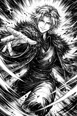 a black and white drawing of a man with a sword