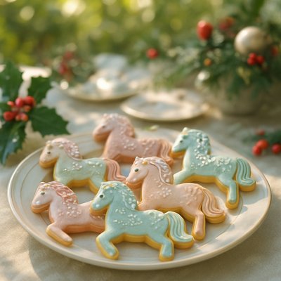 a tray of tiny horse-shaped sugar cookies, highly detailed icing, pastel holiday colors, sparkle sugar, soft bakery lighting, shallow depth of field, whimsical but elegant, intricate frosting texture, macaron-style softness, christmas atmosphere, ultra-detailed, 3d render look, artisan cookie photography style in a Christmas holiday setting of holly and Christmas decorations on the table and dinnerware.