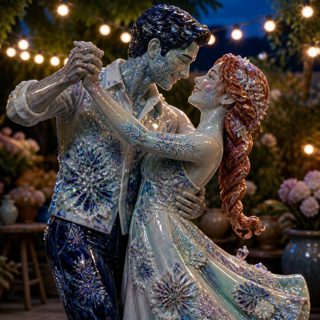 an original couple dancing under string lights in a garden at dusk: a man with short black hair in a linen shirt and a woman with braided red hair in a summer dress