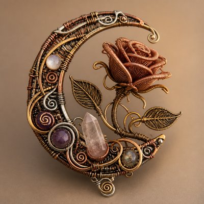 a rose entwined with a crescent moon, clean balanced composition on a plain background, no text
