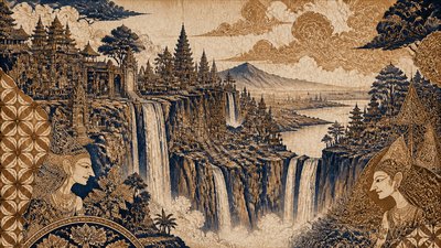 a cliffside city with waterfalls cascading into a misty canyon, wide establishing shot, no people, no text