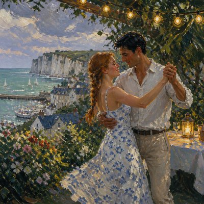 an original couple dancing under string lights in a garden at dusk: a man with short black hair in a linen shirt and a woman with braided red hair in a summer dress