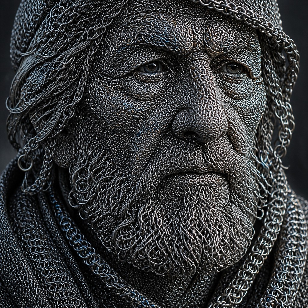 close-up portrait of an elderly person with expressive weathered features — Chainmail Jewelry Style