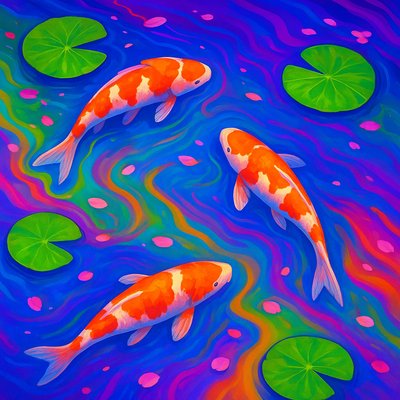 A koi pond seen from above, orange and white koi fish swimming among lily pads, clear water with subtle ripples, fallen cherry blossom petals floating on the surface, dappled sunlight