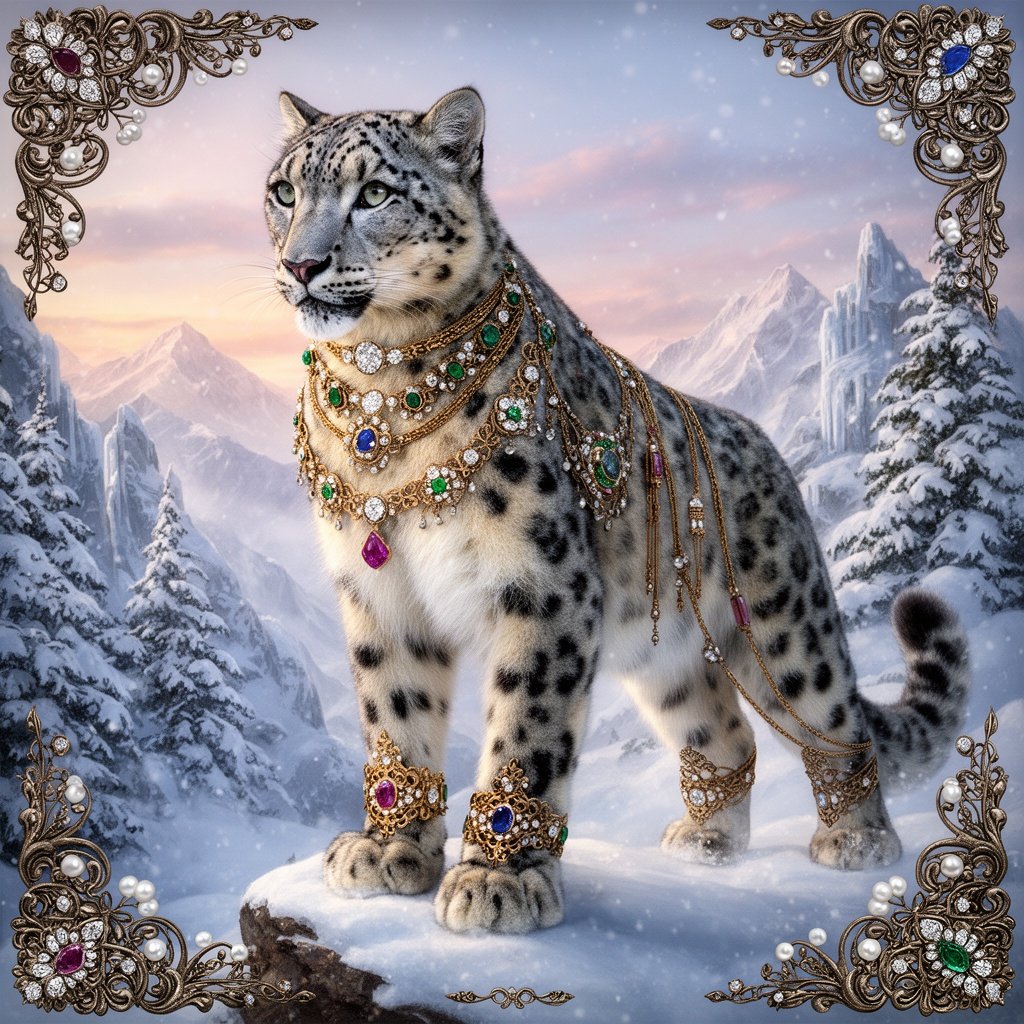 A majestic and regal snow leopard, powerfully built and with its characteristic thick, spotted fur, stands in a pristine, snow-covered mountain landscape. The leopard is lavishly 'blinged' with intricate, ornate jewelry and adornments, seamlessly integrated into its natural grace.
**Focus on:
Jewelry: Golden chains, collars, and bracelets adorned with large, glittering diamonds, emeralds, sapphires, and rubies. The gems should catch and reflect the light.
Adornments: Delicate, decorative gold filigree woven into its fur around the neck, paws, and tail. Perhaps small, elegant tassels or silken cords with embedded pearls dangle from its powerful shoulders or tail.
Overall Effect: The adornments should enhance, rather than overwhelm, the leopard's natural beauty, making it look like an ancient, mythical guardian rather than merely ostentatious.
The setting: A serene, snow-covered Himalayan mountain peak at either dawn or dusk. Soft, diffused light highlights the leopard's fur and makes the jewels sparkle. Snow-dusted pine trees, icy rock formations, and a clear, frosty sky with hints of pastel colors. Subtle falling snowflakes catch the light. The atmosphere is magical and awe-inspiring.
Artistic Style: Highly detailed photorealism with a touch of fantastical elegance. Emphasize light play on the jewels and fur, deep depth of field, and a captivating gaze from the leopard. Cinematic quality, ultra-fine details.