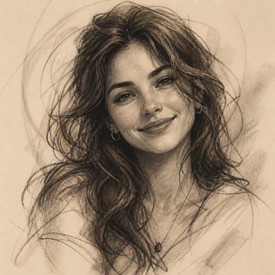head-and-shoulders portrait of an original character: a young woman with wavy chestnut hair and a warm smile, plain soft backdrop