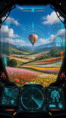 a hot air balloon drifting over rolling flower fields on a sunny day, cheerful, no text