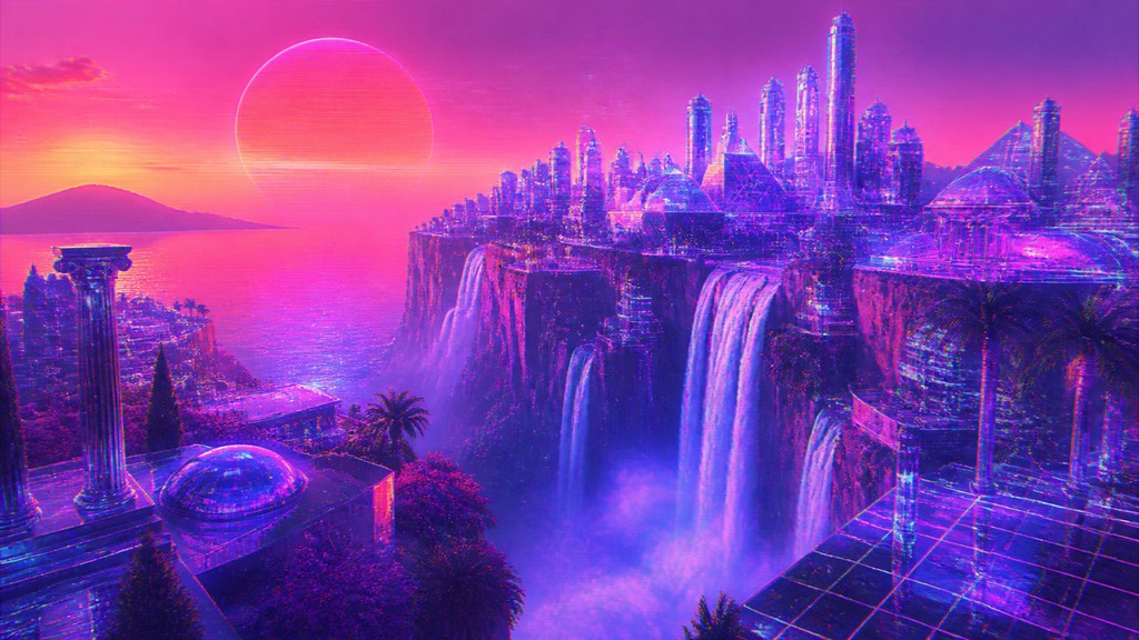 a cliffside city with waterfalls cascading into a misty canyon, wide establishing shot, no people, no text