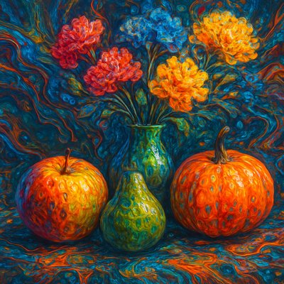 still life arrangement of fruits and flowers