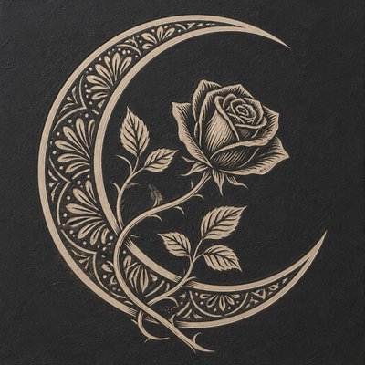 a rose entwined with a crescent moon, clean balanced composition on a plain background, no text