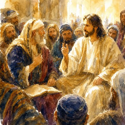 a painting of jesus talking to a group of people
