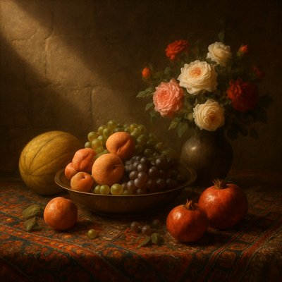 still life arrangement of fruits and flowers
