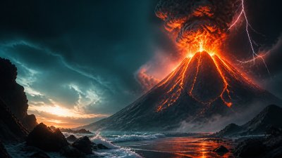 an erupting volcano with lightning strikes, dramatic wide composition, no text