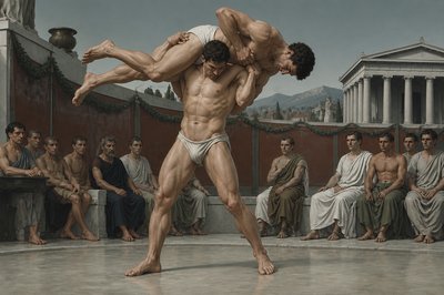 a painting of two men wrestling in front of a group of men