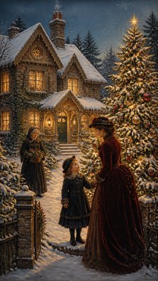 a snow-covered cottage with warm glowing windows beside a decorated pine tree, gentle snowfall, no text