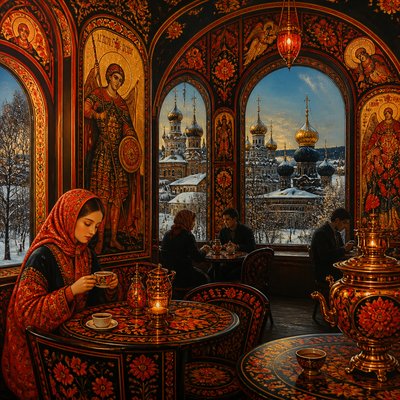 cozy cafe interior with warm lighting